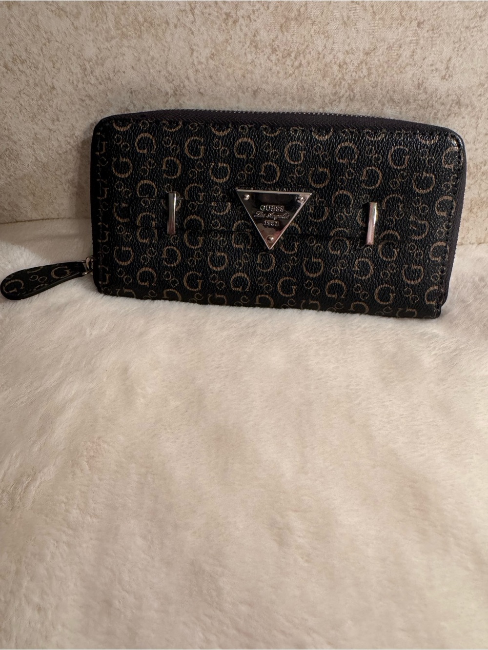 Guess Black Monogram Zip Wallet with Silver Logo